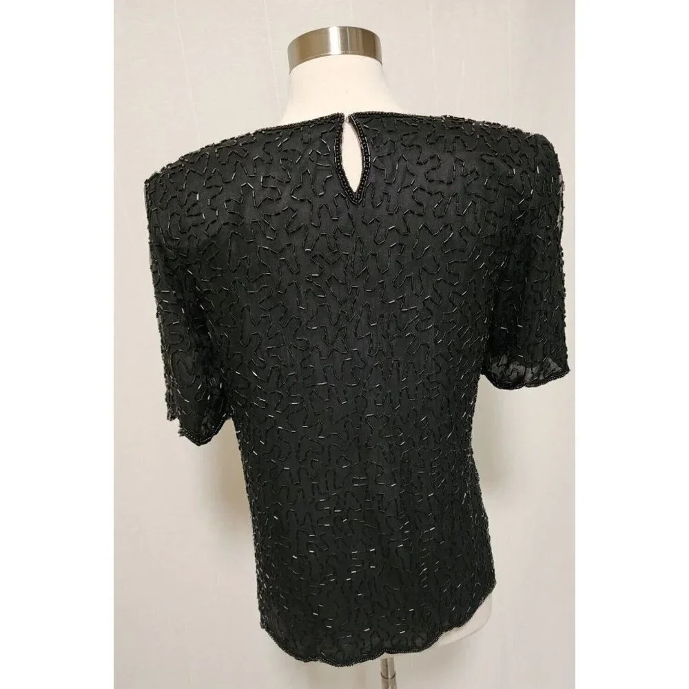 Womens 90s Vintage Stenay Fully Sequin Beaded‎ Blouse Size Small Flowers Black - Picture 4 of 8